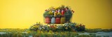 Shopping basket full products, food yellow background with Podium spring grass illustration 3D lawn island stage plant white round landscape