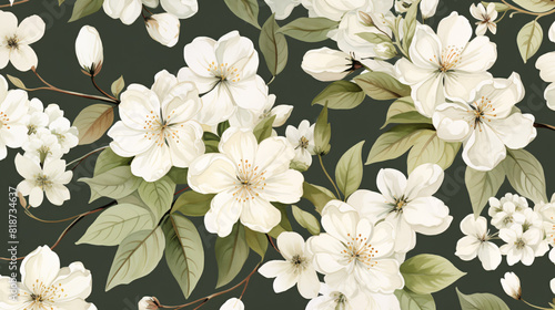 Fototapeta Naklejka Na Ścianę i Meble -  Vintage-inspired watercolor floral design showcasing white flowers and foliage, creating a timeless and luxurious seamless pattern