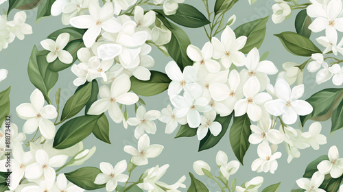Fototapeta Naklejka Na Ścianę i Meble -  Seamless watercolor pattern with refined white flowers and detailed green leaves, evoking a classic and luxurious vintage feel