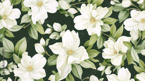 Seamless watercolor pattern with refined white flowers and detailed green leaves  evoking a classic and luxurious vintage feel