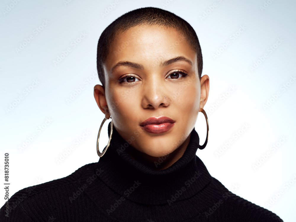 Portrait, woman and bald for beauty in studio by white background for makeup or cosmetics. Female person, face and model with self care, dermatology and treatment for skincare or wellness with pride Portrait, woman and bald for beauty in studio by white background for makeup or cosmetics. Female person, face and model with self care, dermatology and treatment for skincare or wellness with pride