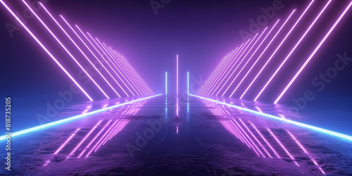 Abstract background with neon light lines and geometric shapes  glowing purple and blue  empty room