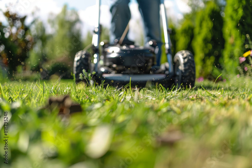 A person is mowing the lawn with a lawn mower. The grass is green and the person is wearing blue jeans