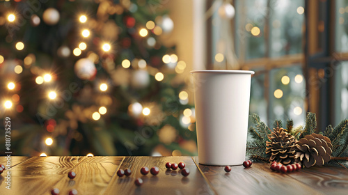 Paper cups with coffee, coffee cup, disposable paper Christmas background