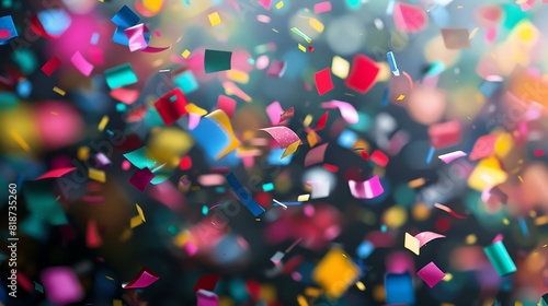 Colorful confetti falling on a blurred background. The confetti is in various colors, including pink, blue, green, yellow, and orange. photo