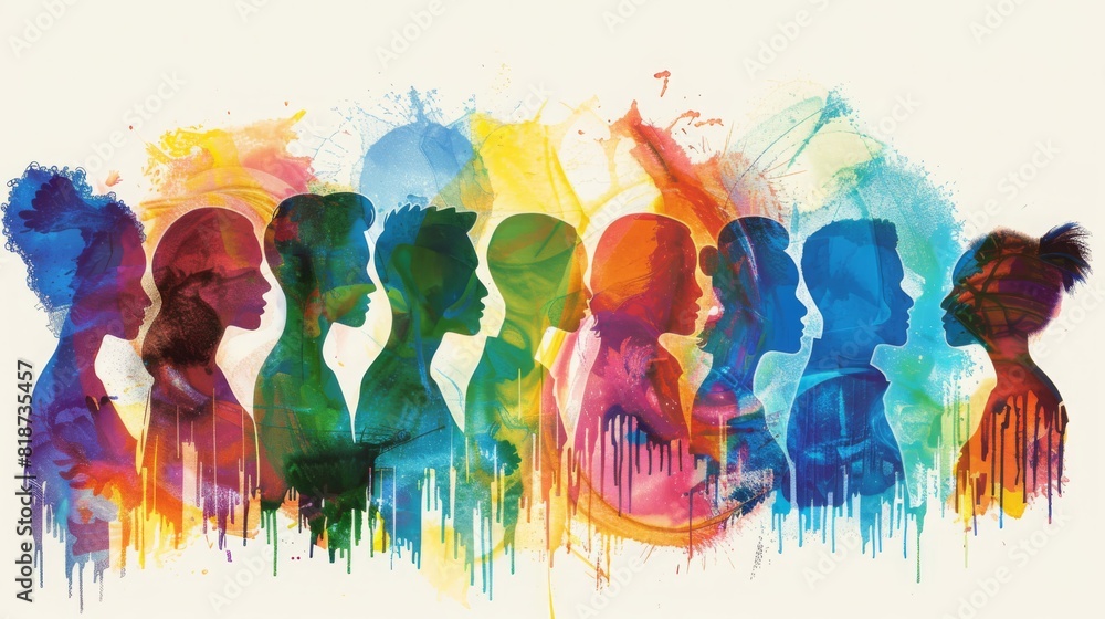 Colorful silhouettes of a diverse and multicultural community. Illustration of a multiethnic group of people, portrais Colorful silhouettes of a diverse and multicultural community. Illustration of a multiethnic group of people, portrais