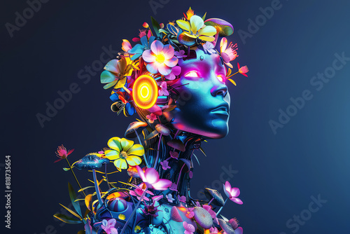 female robot with glowing neon eyes  covered in colorful flowers  AI generated