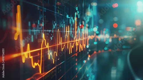 Graphical representation of stock market trends mimicking a heartbeat monitor, emphasizing the fluctuating pulse of the market, captured with impeccable HD resolution. photo