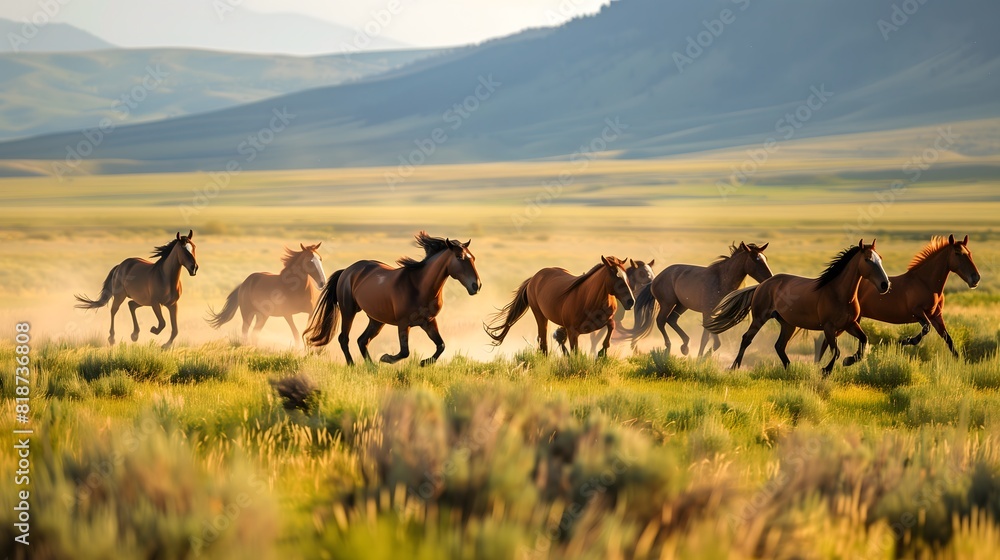 Animal: A herd of wild horses galloping across an open plain