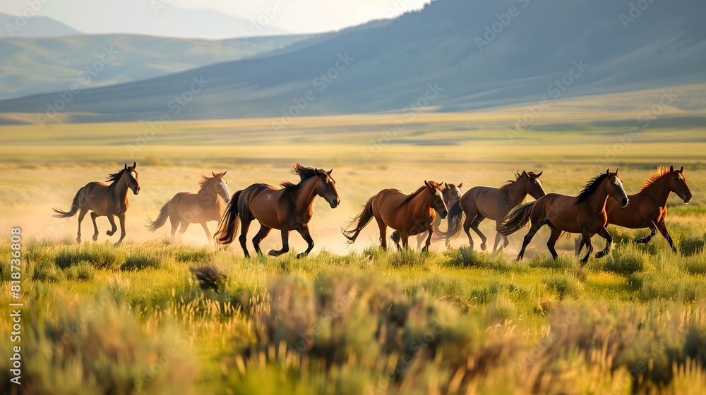 Fototapeta premium Animal: A herd of wild horses galloping across an open plain