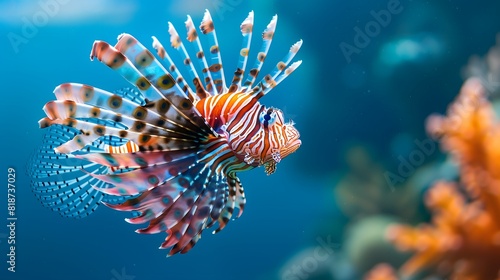 Fish: A majestic lionfish swimming in a deep blue sea