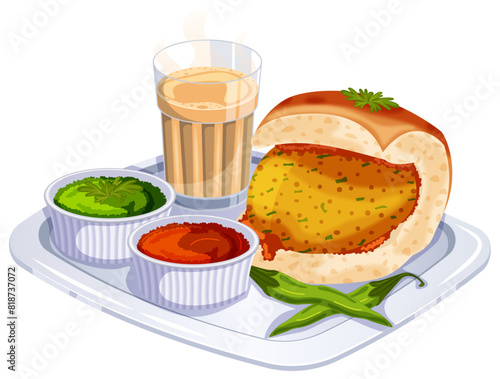 Vada Pav with Chutneys and Chai on Tray - Traditional Indian Street Food Art