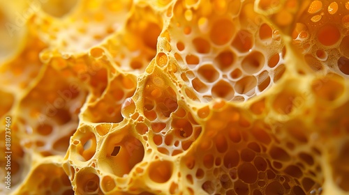 Close-up of a honeycomb. The honeycomb is made of a series of hexagonal cells that are filled with honey.