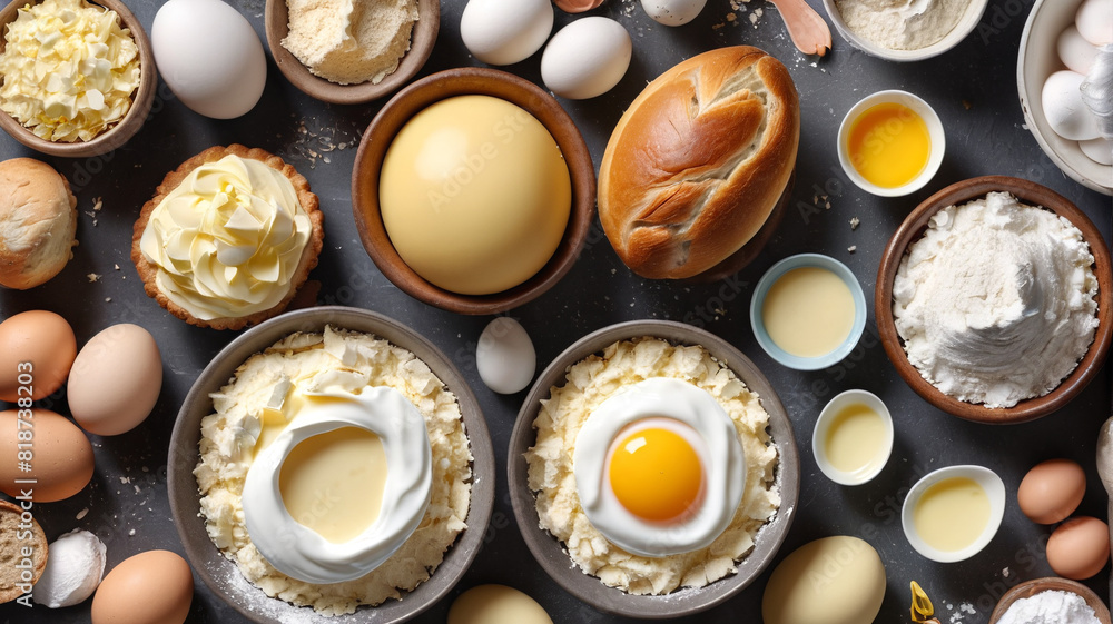 Top view of a table filled with various pastries, Generative AI.
Top view of a table filled with various pastries, Generative AI.