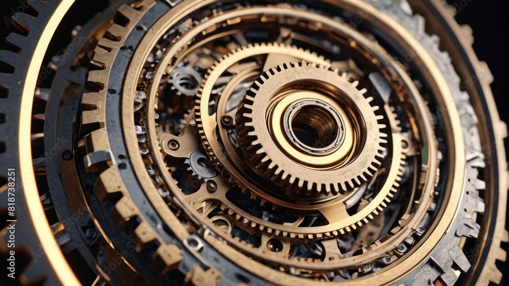 Golden gears stacked on top of each other, perfect for a watchmaker, Generative AI.

