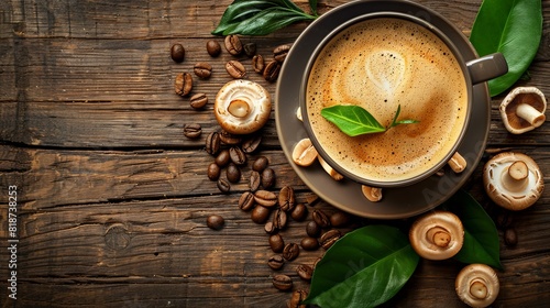 A cup of coffee with mushrooms and green leaves on a wooden table, shown from above in a flat lay shoot
