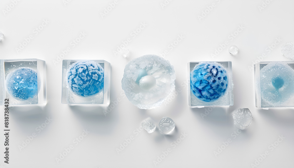 Cryopreservation of genetic material. Ovum and sperm cells in ice cubes on white background Cryopreservation of genetic material. Ovum and sperm cells in ice cubes on white background
