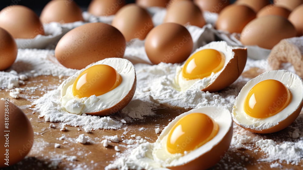 Preparation for baking a cake with eggs cracked into flour, Generative AI.
Preparation for baking a cake with eggs cracked into flour, Generative AI.