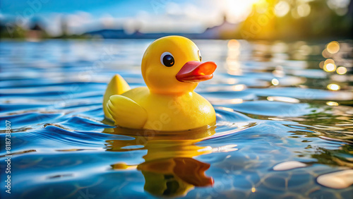 Detailed shot of a yellow rubber duck floating on water, evoking nostalgia and playfulness