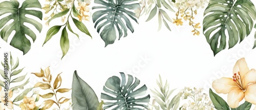 tropical leaves and flowers in a soft watercolor style background