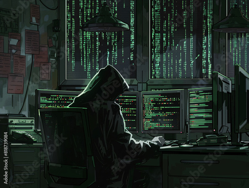 a computer hacker sitting in front of many computers