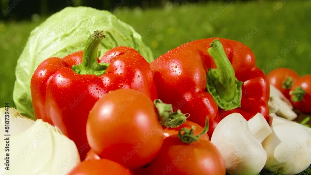 Close-up of tomatoes, peppers, mushrooms, cabbage, a halved onion and dill on a wooden table in the sunlight. Different types of vegetables being sprinkled with water . Circular filming. Rotation. Close-up of tomatoes, peppers, mushrooms, cabbage, a halved onion and dill on a wooden table in the sunlight. Different types of vegetables being sprinkled with water . Circular filming. Rotation.