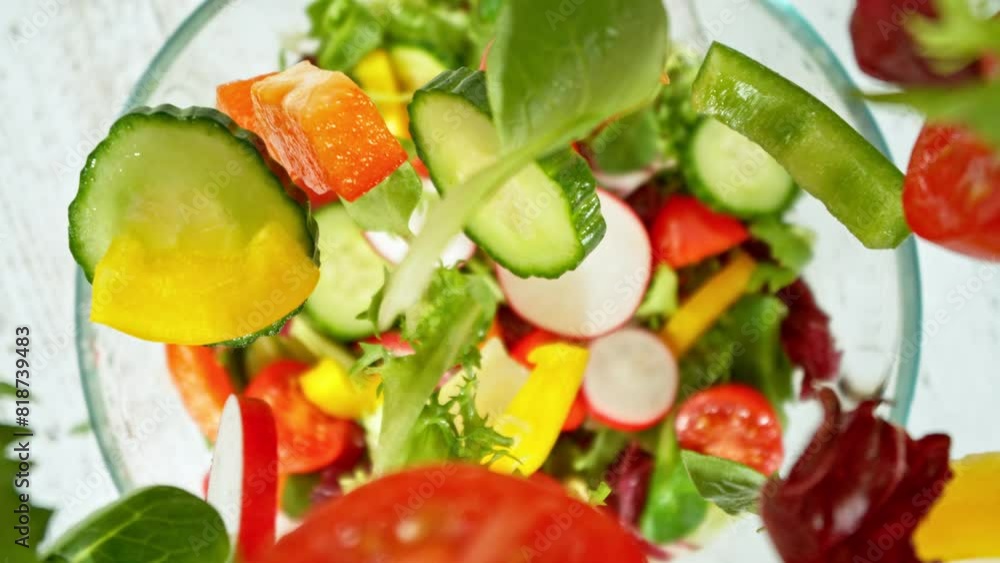 Super Slow Motion of Falling Salad Pieces into Bowl. Filmed on High Speed Cinema Camera, 1000 fps. Camera Tracking the Object. Super Slow Motion of Falling Salad Pieces into Bowl. Filmed on High Speed Cinema Camera, 1000 fps. Camera Tracking the Object.