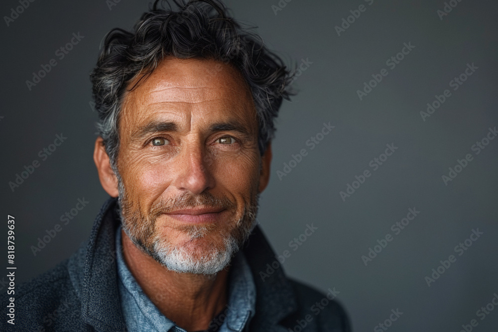 Close up handsome white man in jacket, businessman with slight smile on grey backdrop with copyspace Close up handsome white man in jacket, businessman with slight smile on grey backdrop with copyspace