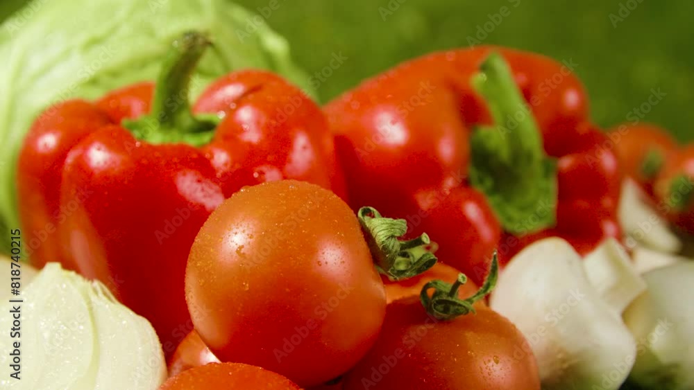 Close-up of tomatoes, peppers, mushrooms, cabbage, a halved onion and dill on a wooden table in the sunlight. Different types of vegetables. Circular filming. Close-up of tomatoes, peppers, mushrooms, cabbage, a halved onion and dill on a wooden table in the sunlight. Different types of vegetables. Circular filming.