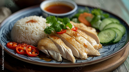 Hainanese chicken rice with vegetabel and spicy dipping sauce in Asian style