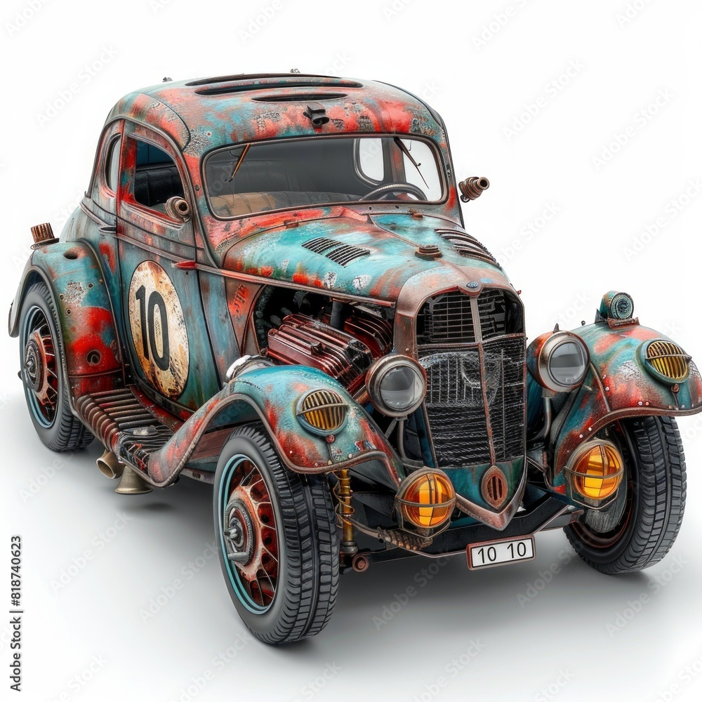 antique model car, showcasing a vibrant paint job in shades of red and blue, with iron numbers and letters adding a touch of nostalgia. antique model car, showcasing a vibrant paint job in shades of red and blue, with iron numbers and letters adding a touch of nostalgia.