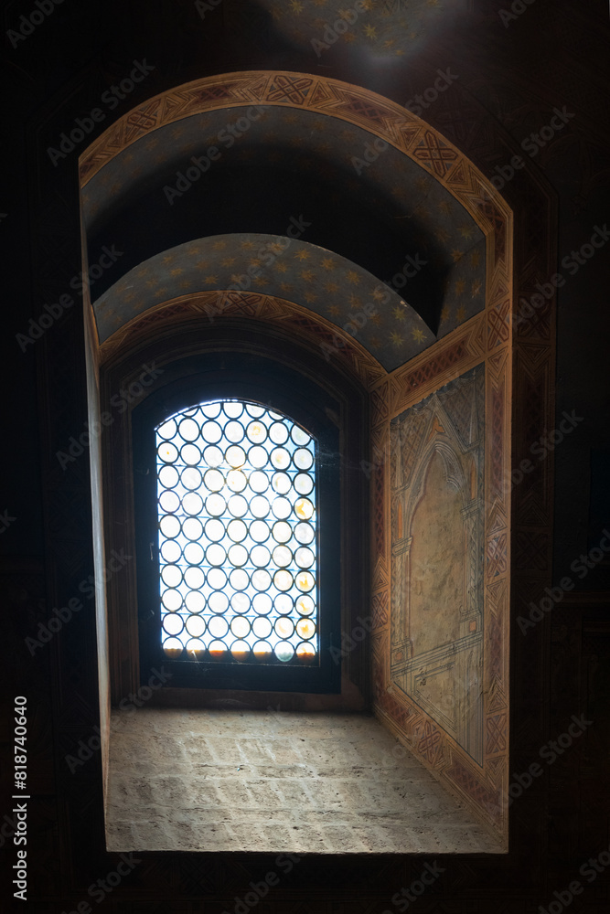 Gradara, Italy - August, 25, 2022: arched window in Gradara Castle, Italy