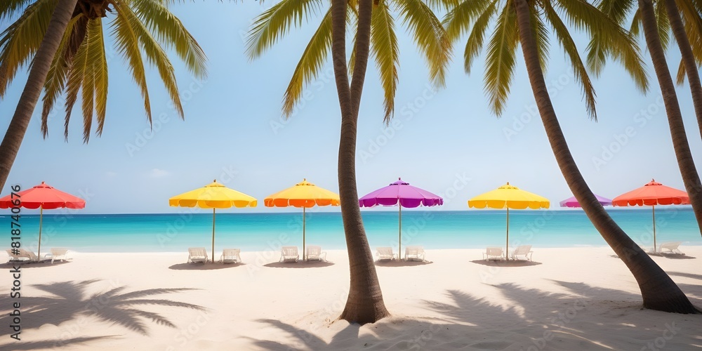 beautiful beach with umbrellas and chairs on the sea shore