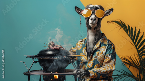 funny eid ul adha concept, goat having a bbq barbecue on eid al adha, bakra eid
