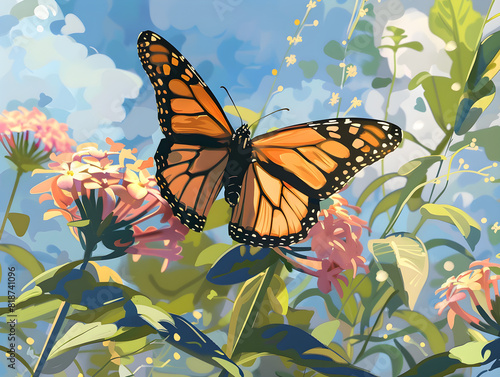 Vibrant Monarch Butterfly on Colorful Pink Lantana Flowers Against a Serene Sky with Lush Green Foliage and Painterly Wildlife Nature