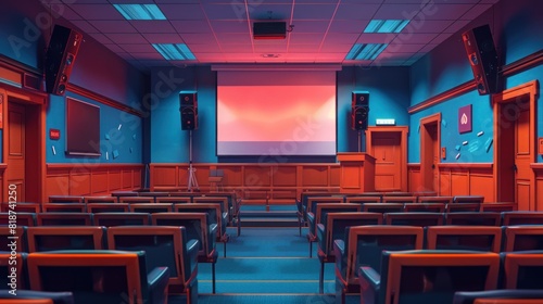 Education podium with a microphone and projector in a lecture hall text
