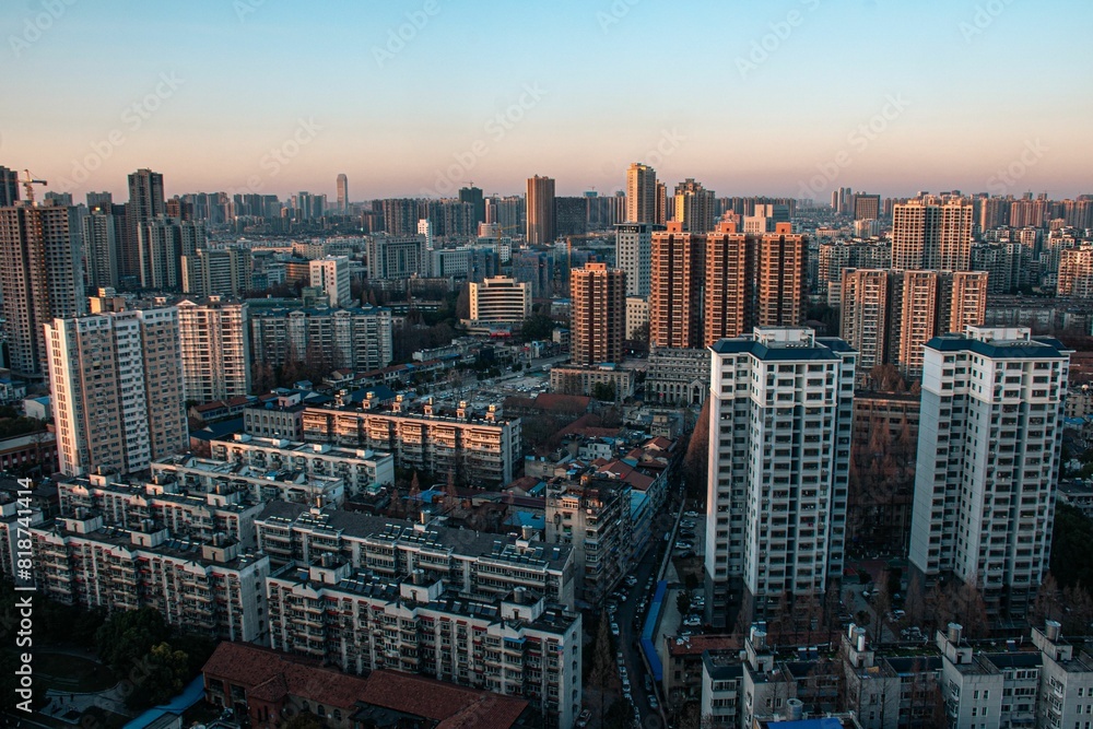 Stunning aerial view of a large cityscape at sunrise Stunning aerial view of a large cityscape at sunrise