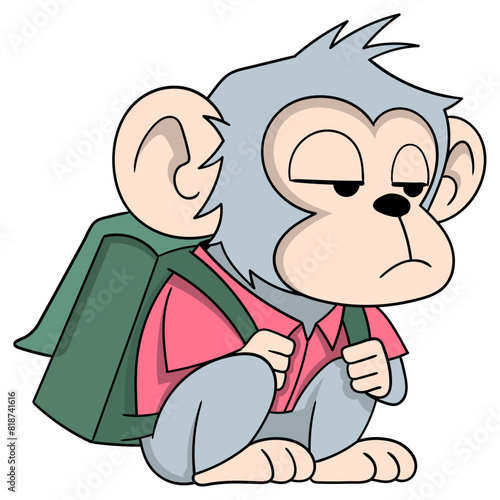 male monkey student is sitting carrying a bag lazily going to school
