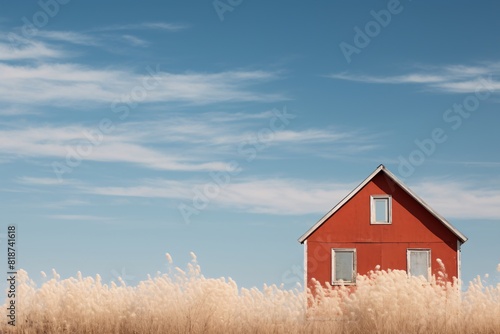 a red house in a field of dry grass