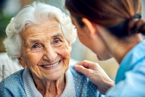 Elderly Woman Receiving Help – 3:2: A touching close-up of an elderly woman smiling as she receives assistance, showcasing care for the elderly. 