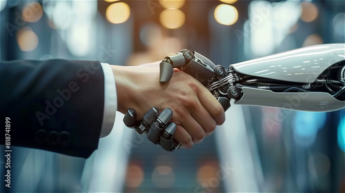 Photo of a robot and business person shaking hands in an office setting