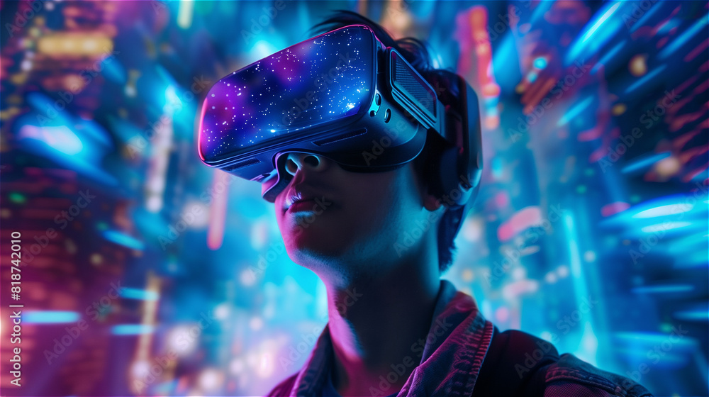 Young man wearing virtual reality with abstract background Young man wearing virtual reality with abstract background