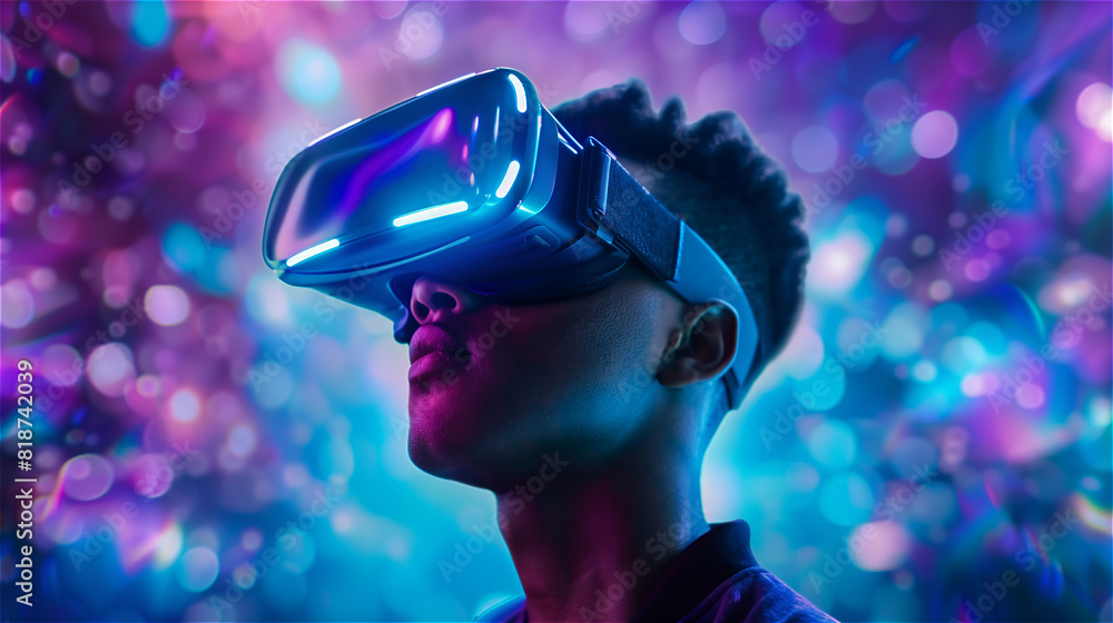 Young man wearing virtual reality with abstract background Young man wearing virtual reality with abstract background