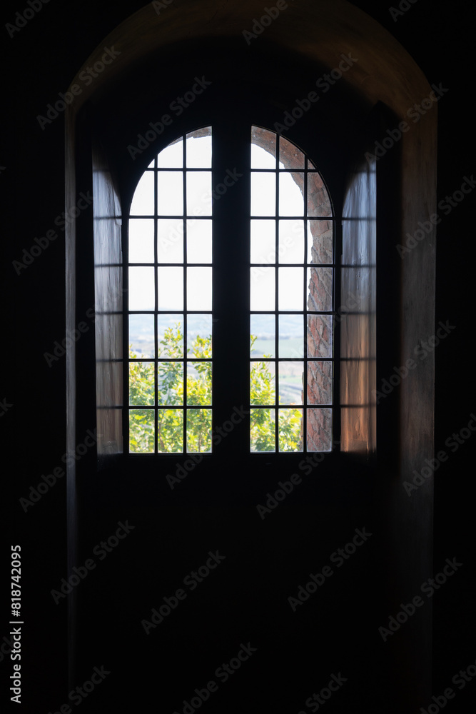 Gradara, Italy - August, 25, 2022: arched window view at Gradara Castle