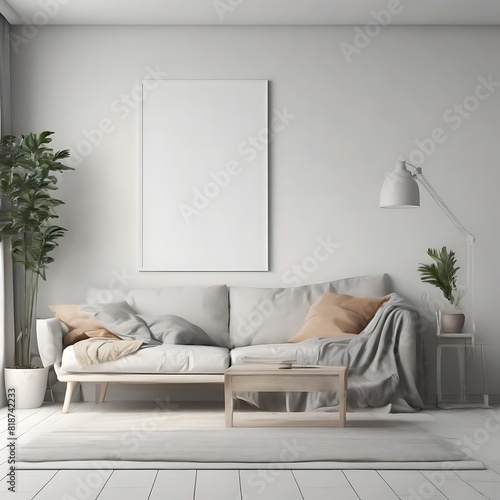 A white living Room with a mockup poster empty white and with a couch and a coffee table realistic has illustrative card design meaning used for printing.