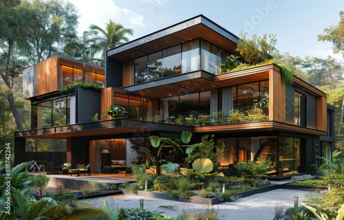 Exterior of a beautiful house with glass windows and garden outside. Created with Ai © Visual