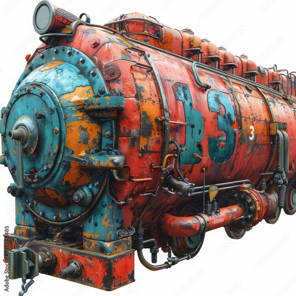 vibrant red and blue train engine adorned with iron numbers and letters rests gracefully on a train track, exuding power and charm. vibrant red and blue train engine adorned with iron numbers and letters rests gracefully on a train track, exuding power and charm.