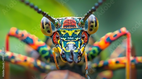 A closeup of a colorful insect with large eyes and a long proboscis. © stocker