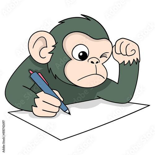 Canvas Print green monkey is studying to solve problems for an exam