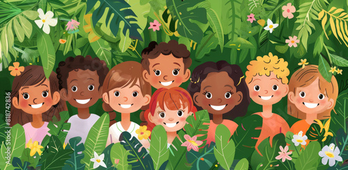 A group of children with different hair and skin colors  smiling happily in front of the camera. The background is green plants and flowers